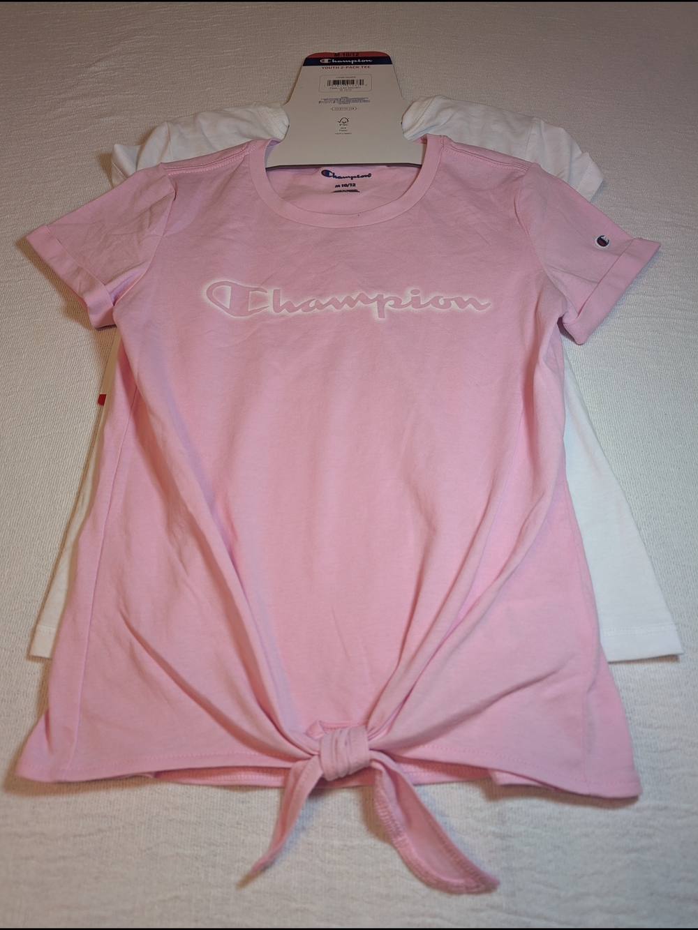 Champion Light Pink And White  Front Tie Short Sleeve Tee